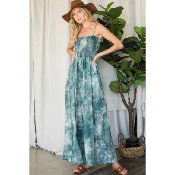 SOLD OUT Green Tie Dye Wide Palazzo Flare Leg Smocked Bohemian Casual Jumpsuit - Picture 6 of 13